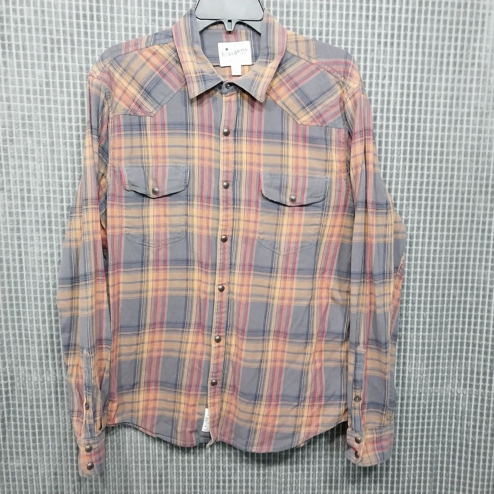 Lucky Brand Western Shirt Mens Saturday Stretch Plaid Large Blue Orange